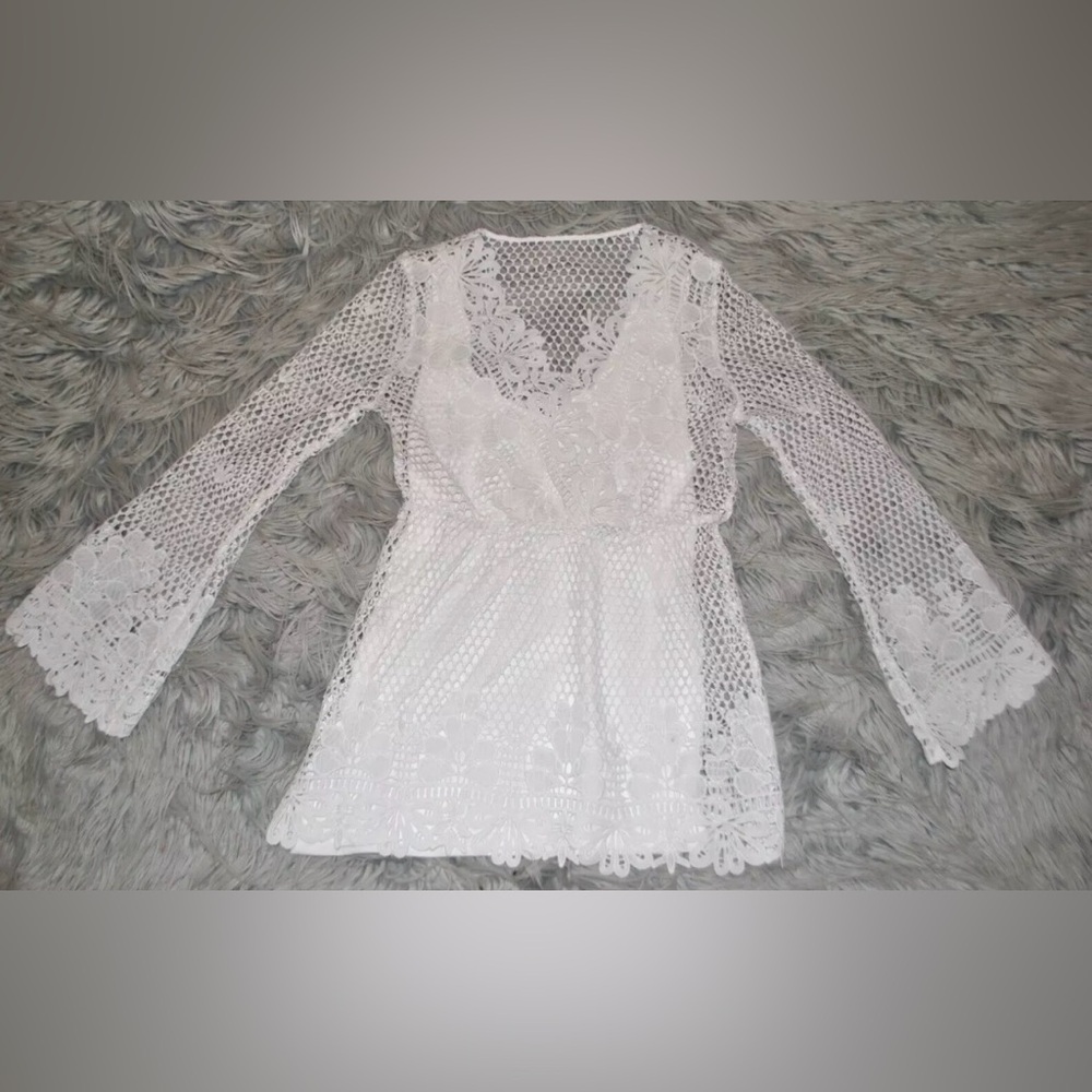 BOSTON PROPER Women’s White Boho V-Neck Long Bell Sleeve Polyester Tunic (XXS) 0